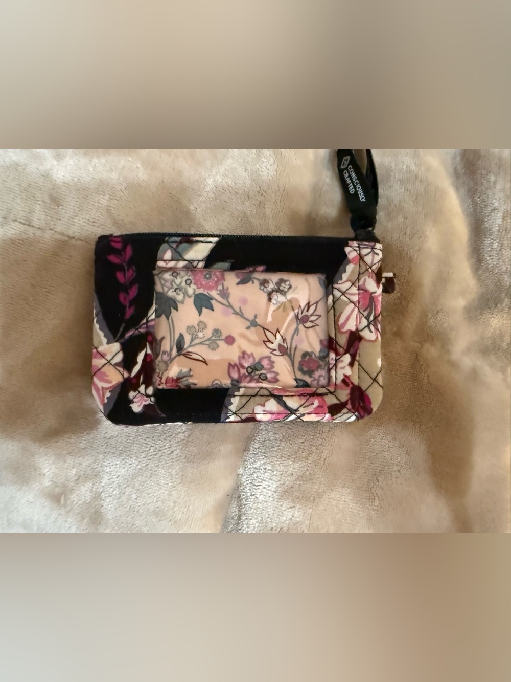 Vera Bradley ID Botanical Paisley Quilted Pouch - Black Pink Multi  5”W X 3”H